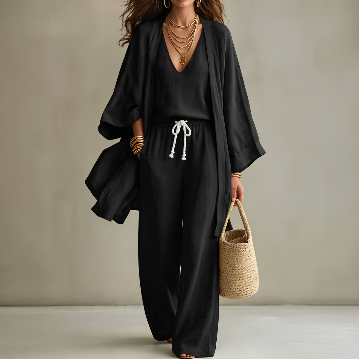 Women's Three-Piece Open Vest and Wide-Leg Pants Set
