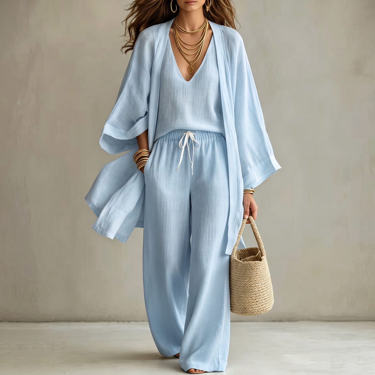 Women's Three-Piece Open Vest and Wide-Leg Pants Set