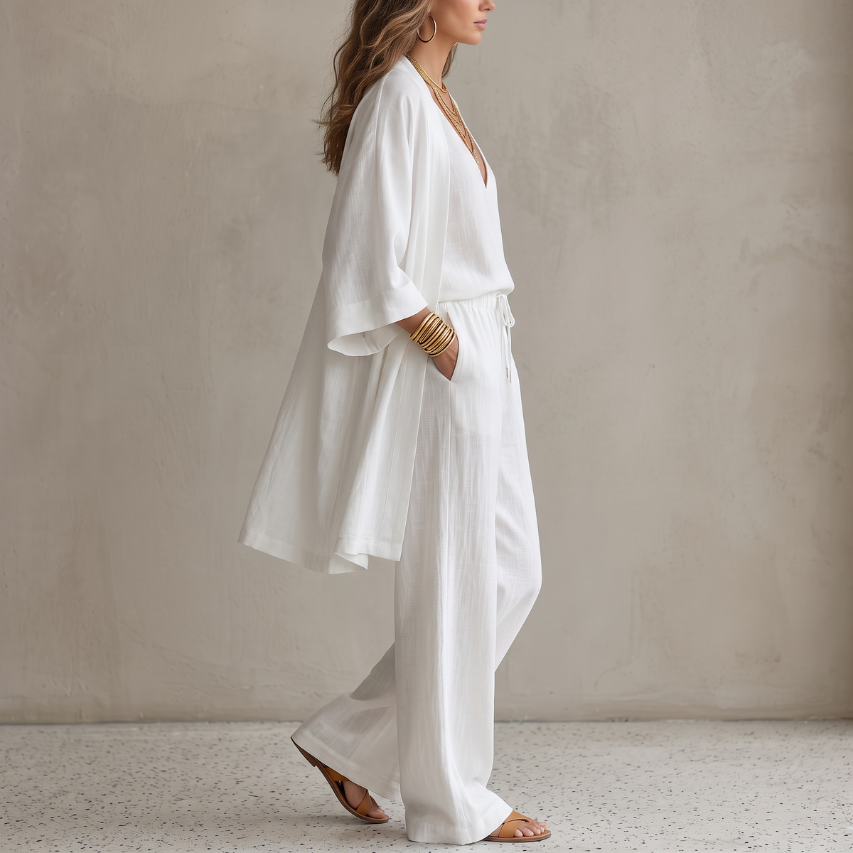 Women's Three-Piece Open Vest and Wide-Leg Pants Set