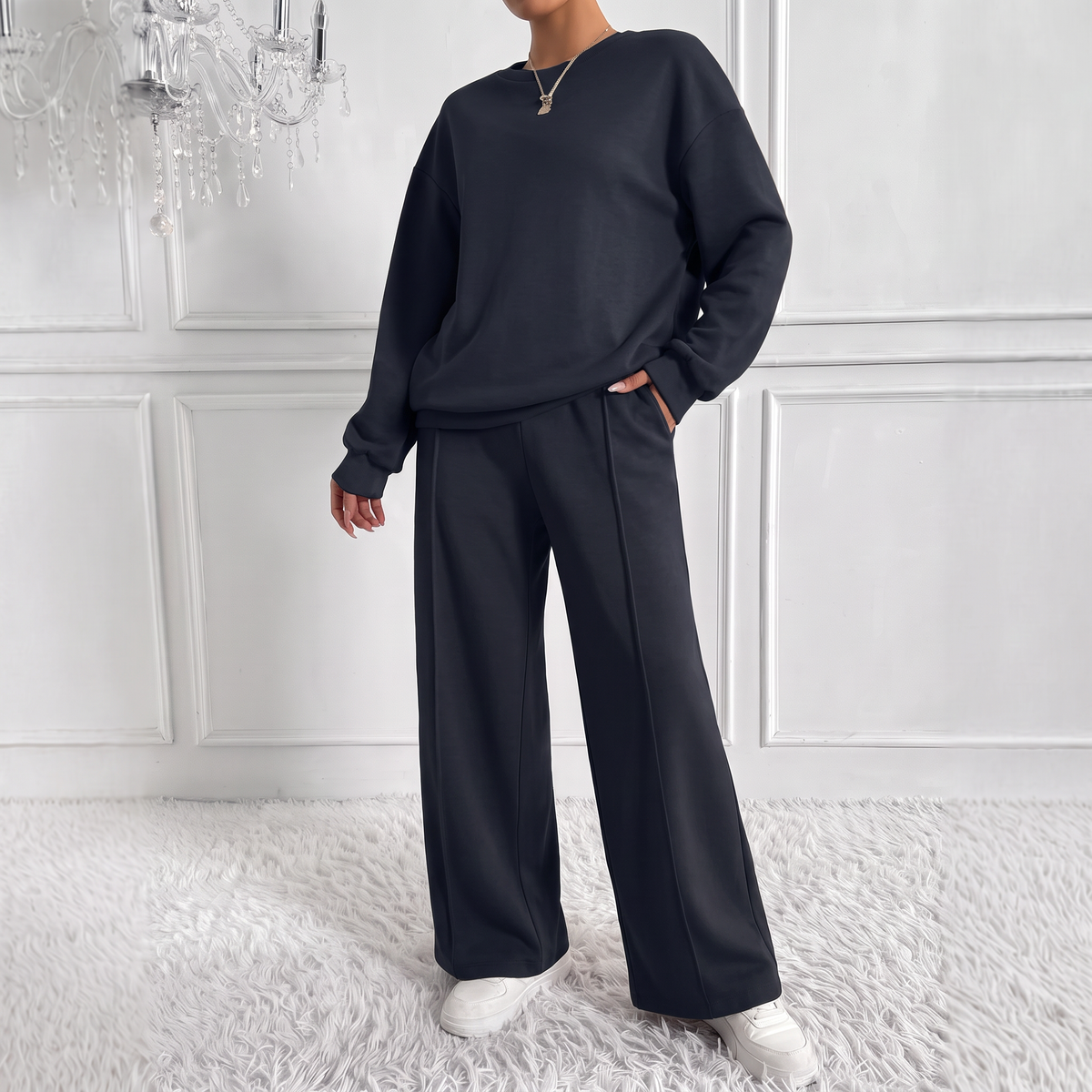 Conjunto Mujer Oversize con Top Hombro Caído y Pantalón Ancho