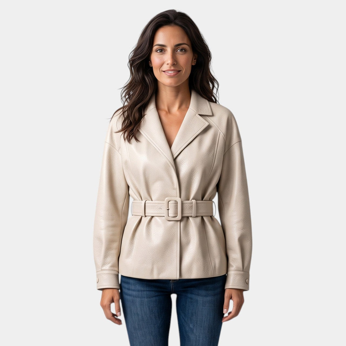 Women's Faux Leather Belted Jacket with Wide Collar - Open Front