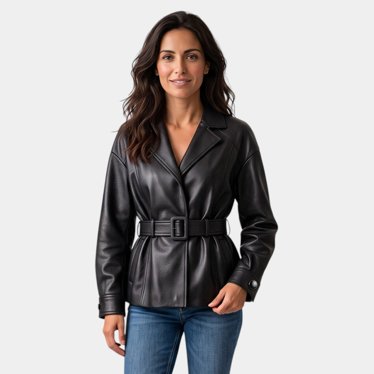 Women's Faux Leather Belted Jacket with Wide Collar - Open Front
