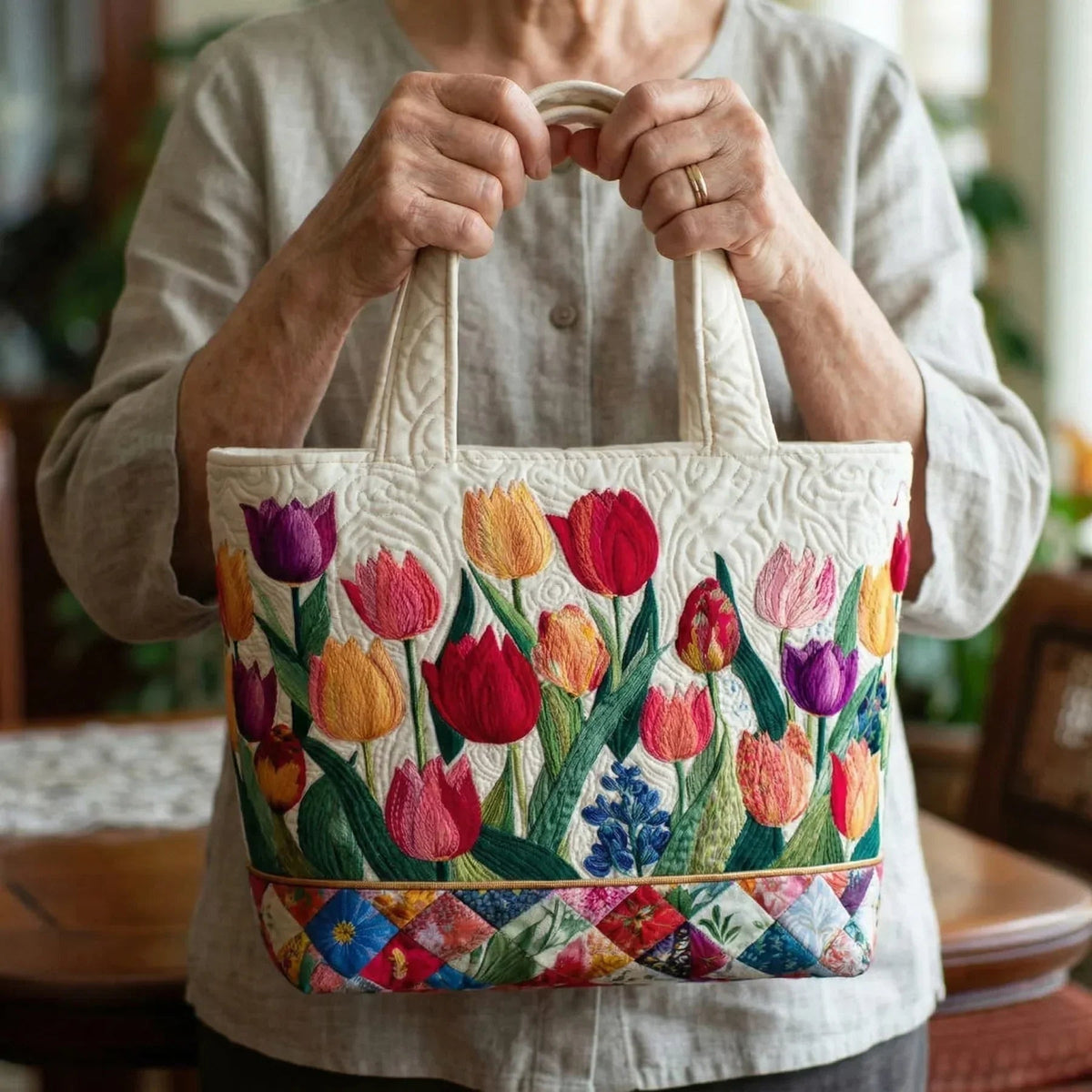 Women's Handmade Quilted Tote Bag - Dog, Cat and Floral Prints