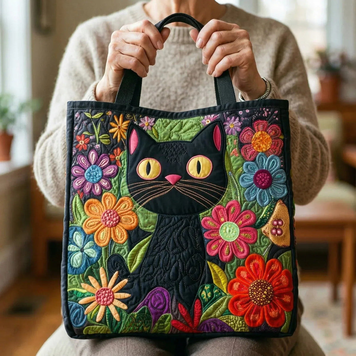 Women's Handmade Quilted Tote Bag - Dog, Cat and Floral Prints