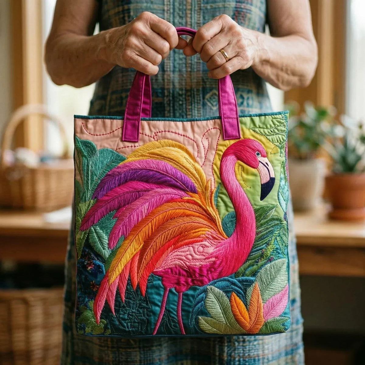 Women's Handmade Quilted Tote Bag - Dog, Cat and Floral Prints