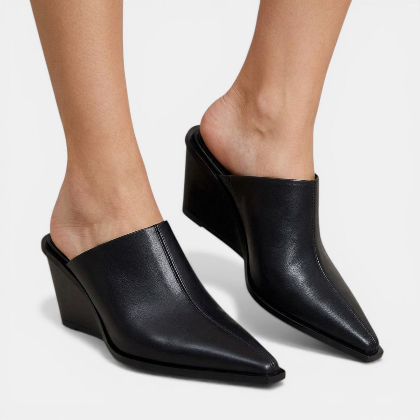 Women's Black Leather Wedge Mules