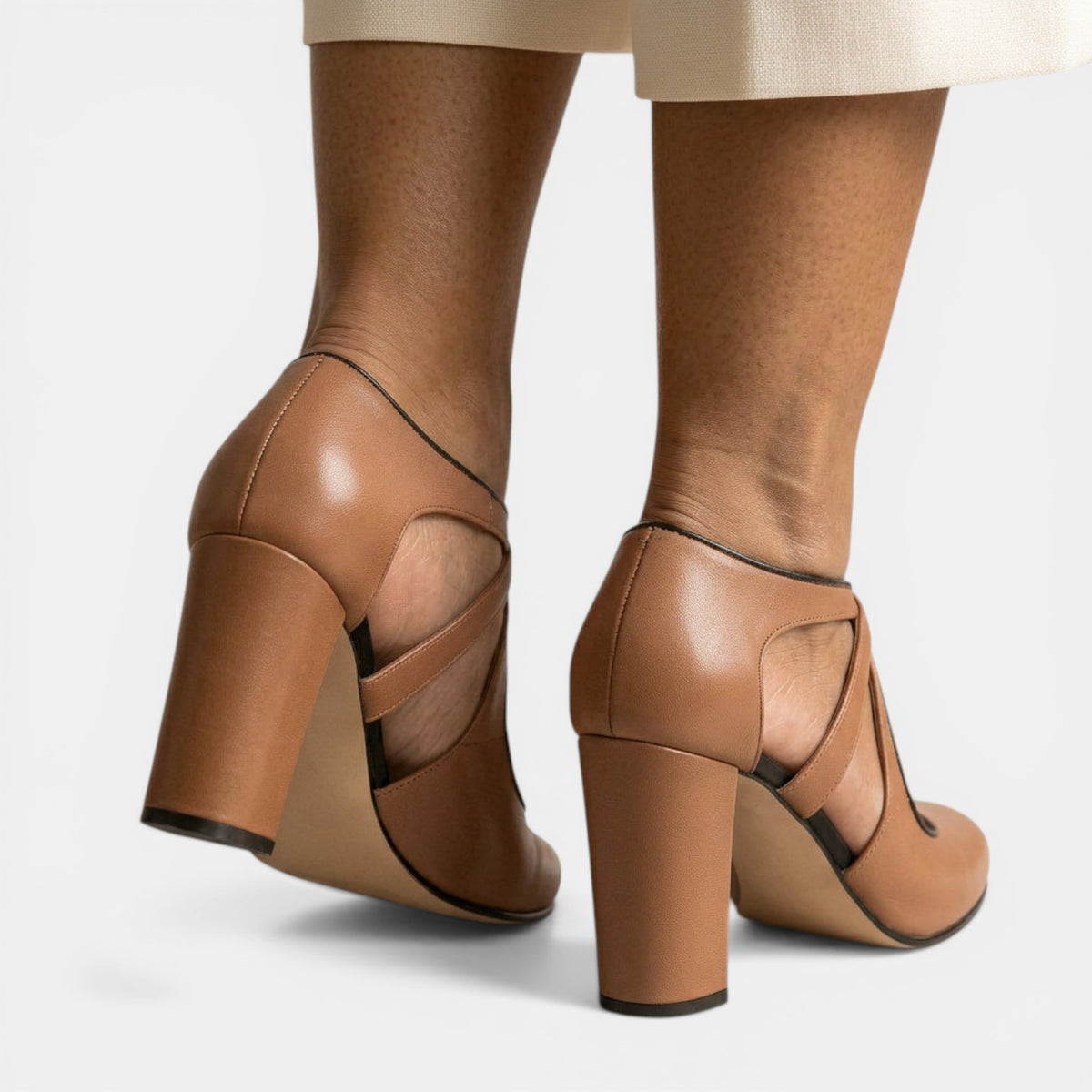 Women's Leather T-Strap Heeled Sandals - Block Heel, Buckle Strap
