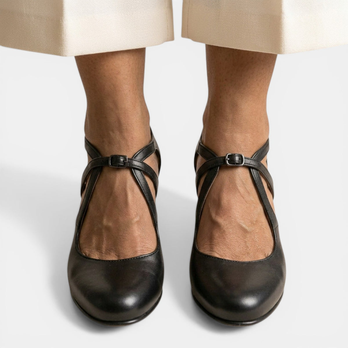 Women's Leather T-Strap Heeled Sandals - Block Heel, Buckle Strap
