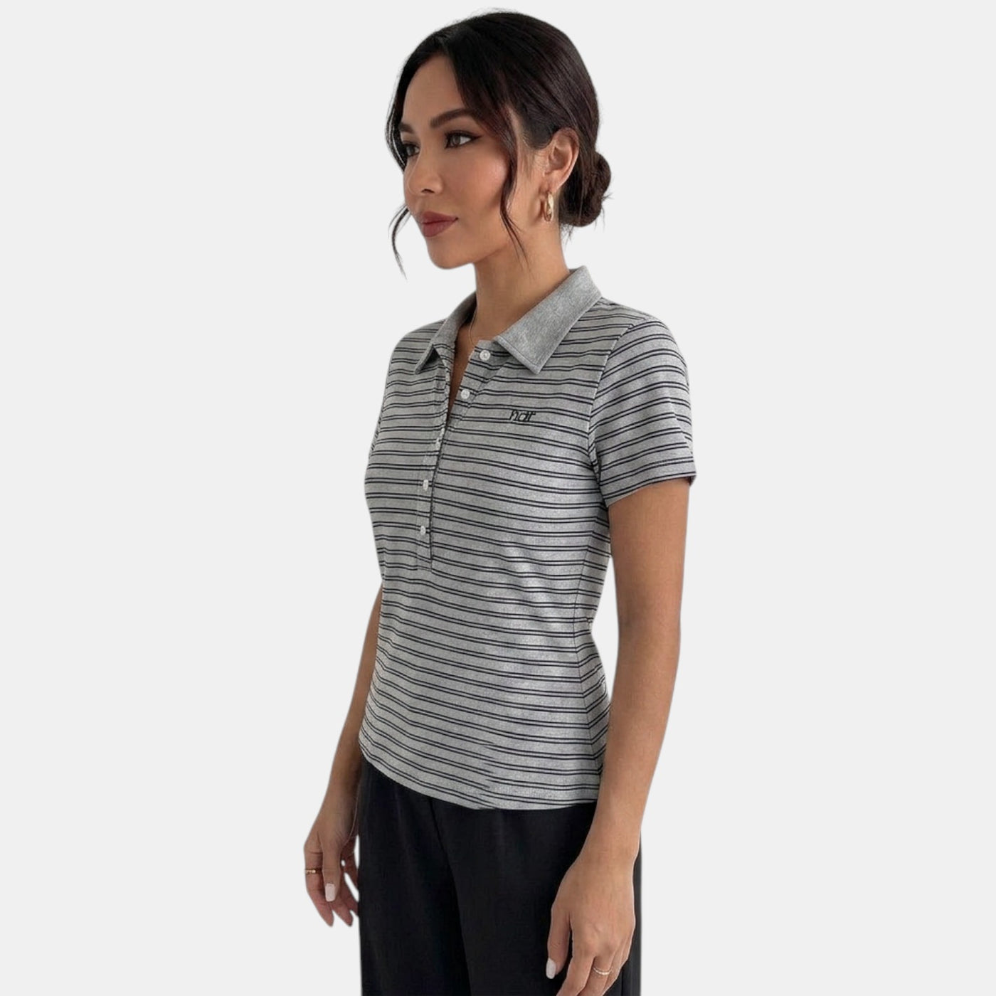 Women's Grey Striped Slim Fit Polo Shirt