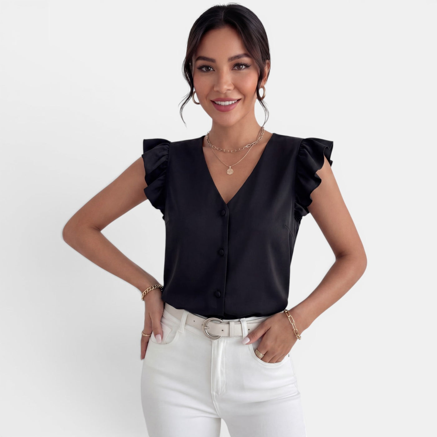 Camisa Mujer Volantes Botones Frontales