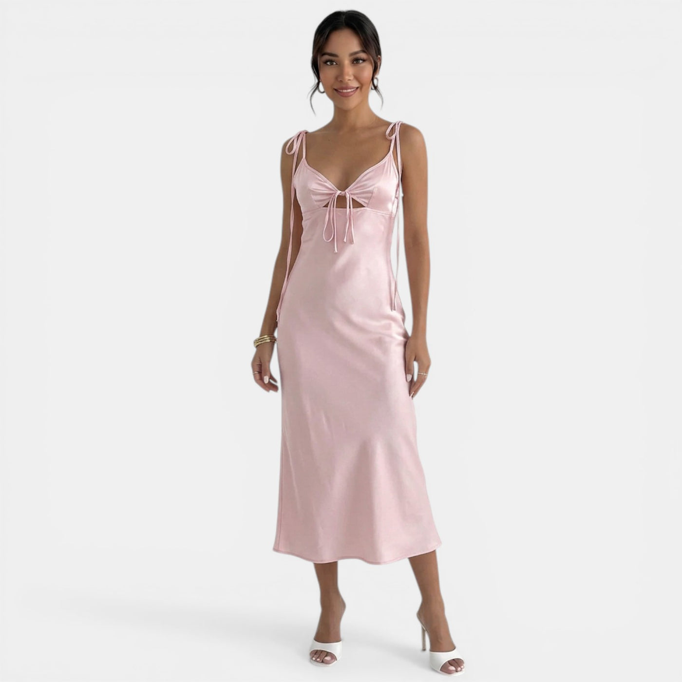 Vestido Midi Rosa Satinado Encaje