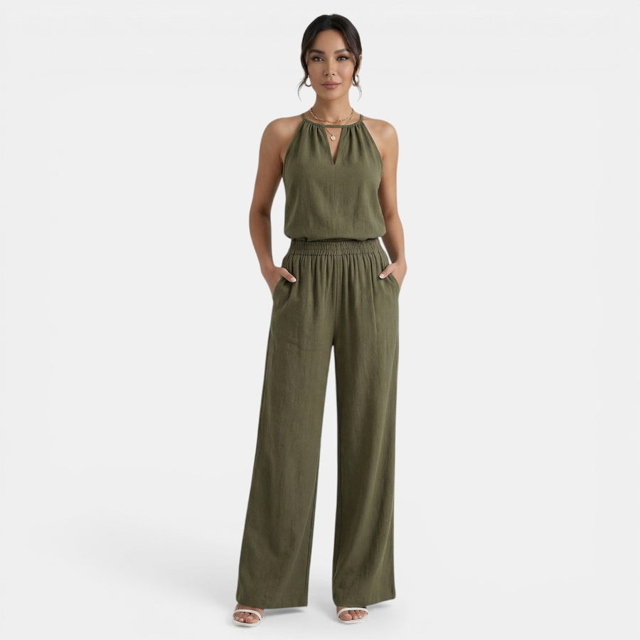 Conjunto Mujer Halter Calado de Lino y Pantalón Ancho