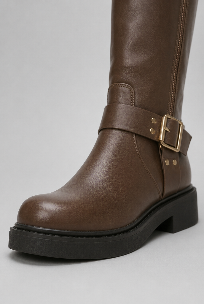 Botas Biker Mujer Altas de Piel con Correa y Hebilla