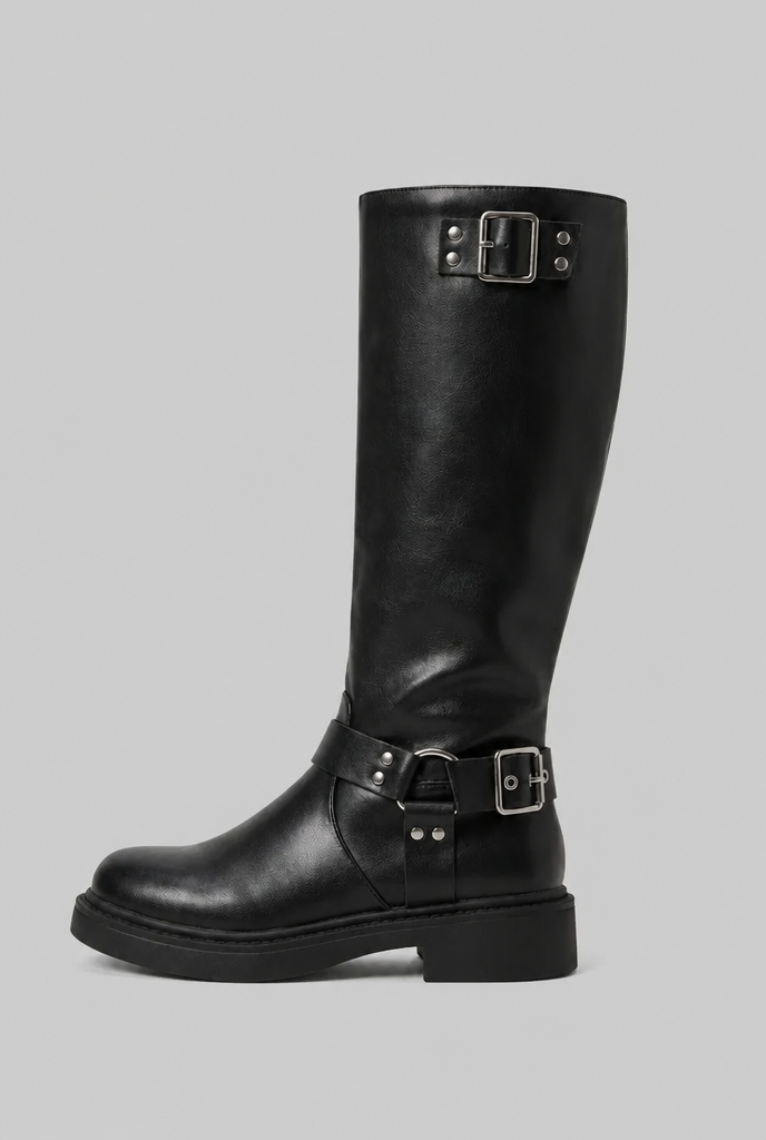 Botas Biker Mujer Altas de Piel con Correa y Hebilla