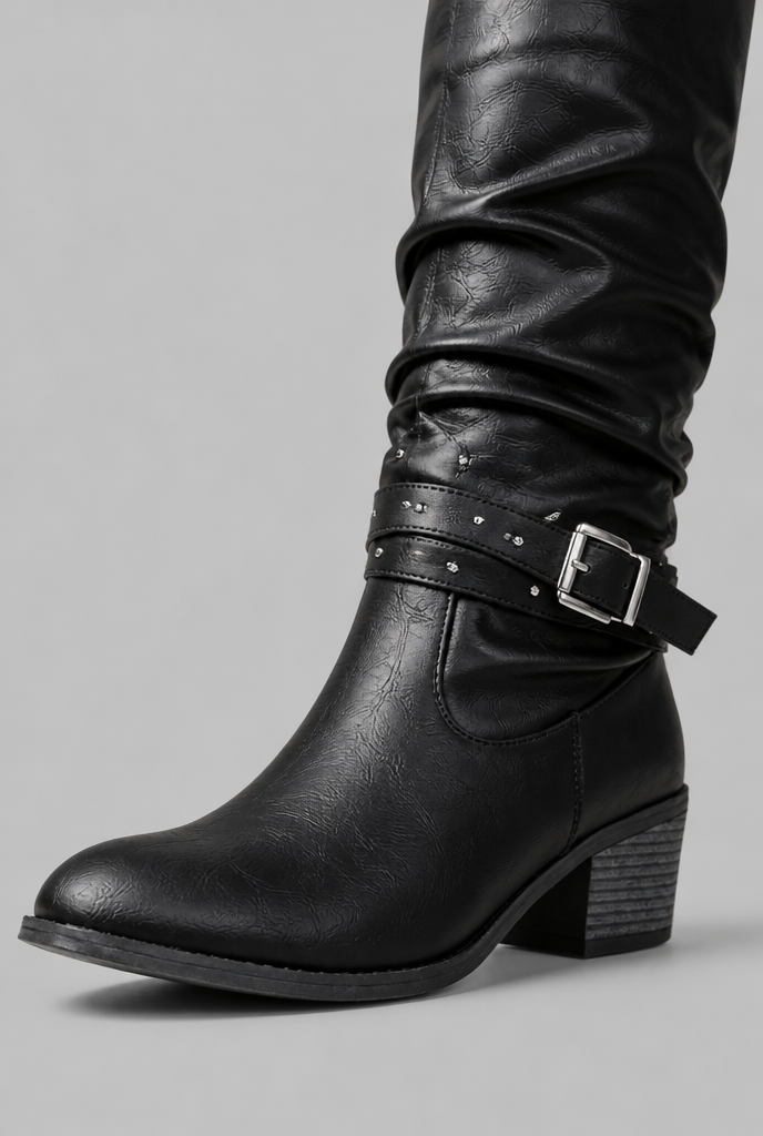 Botas Mujer Slouchy Efecto Piel Craquelada Hebillas con Tachuelas