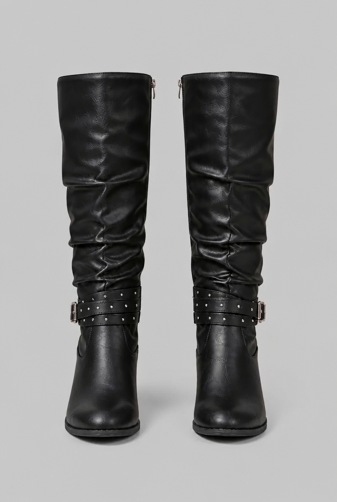 Botas Mujer Slouchy Efecto Piel Craquelada Hebillas con Tachuelas