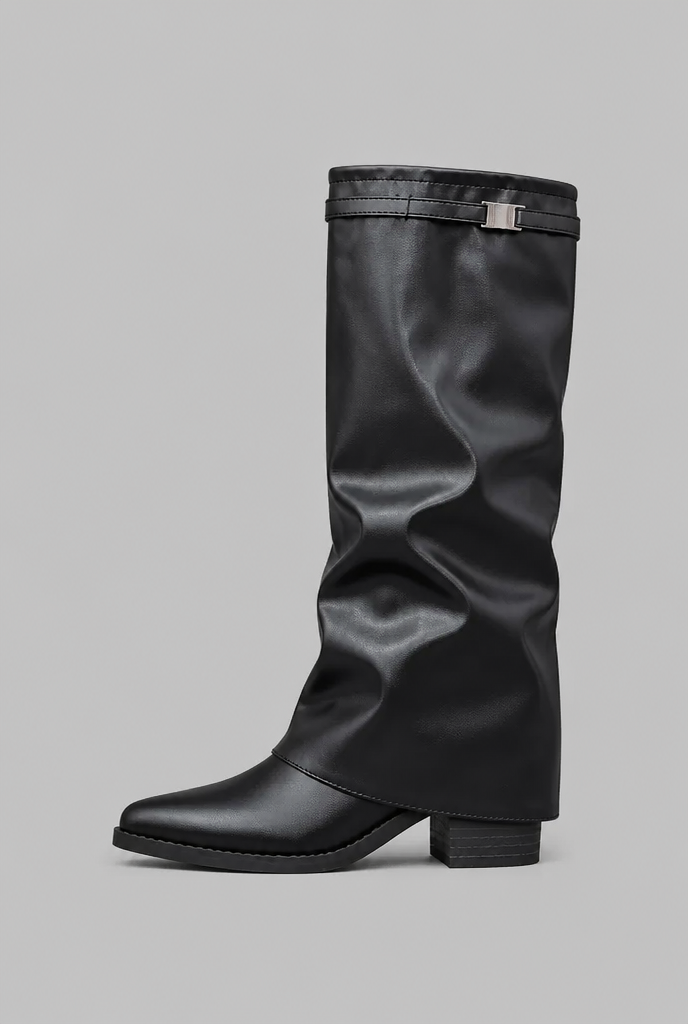 Women's Faux Leather Knee High Boots - Fold-Over Cuff, Buckle