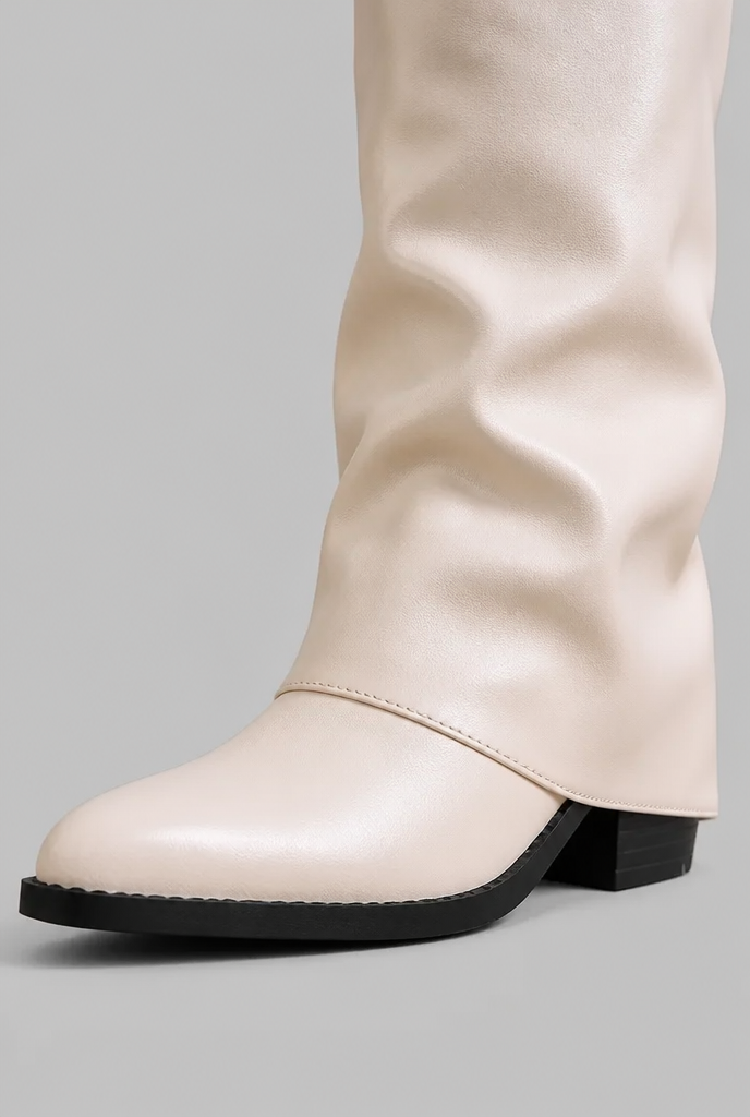 Women's Faux Leather Knee High Boots - Fold-Over Cuff, Buckle
