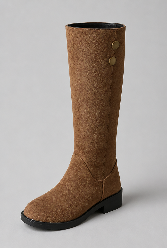 Botas Mujer Altas de Ante Ajustadas con Botones Dorados