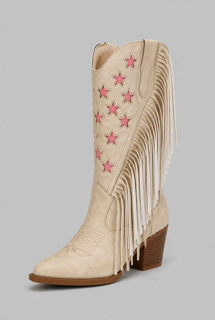 Women's Mid-Calf Fringe Cowboy Boots - Star Details