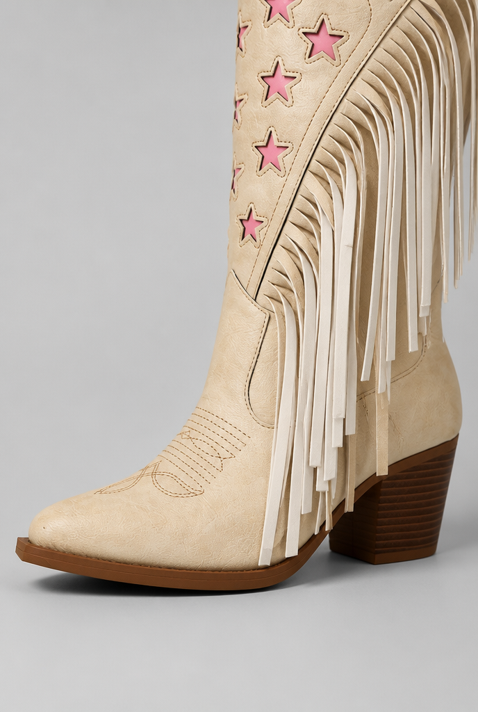 Women's Mid-Calf Fringe Cowboy Boots - Star Details