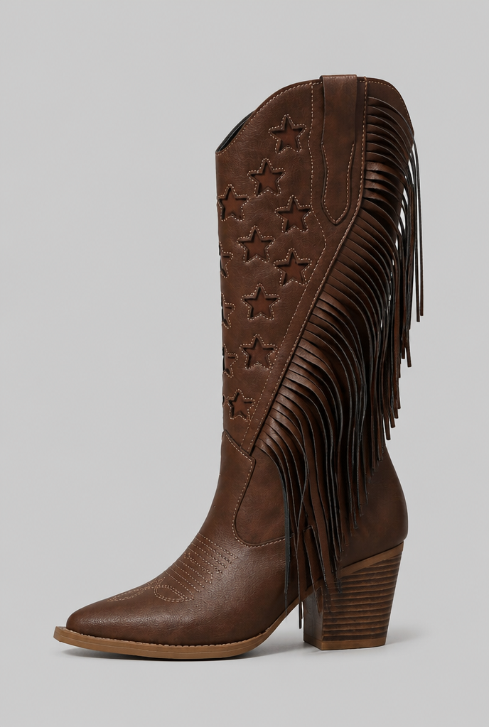 Women's Mid-Calf Fringe Cowboy Boots - Star Details