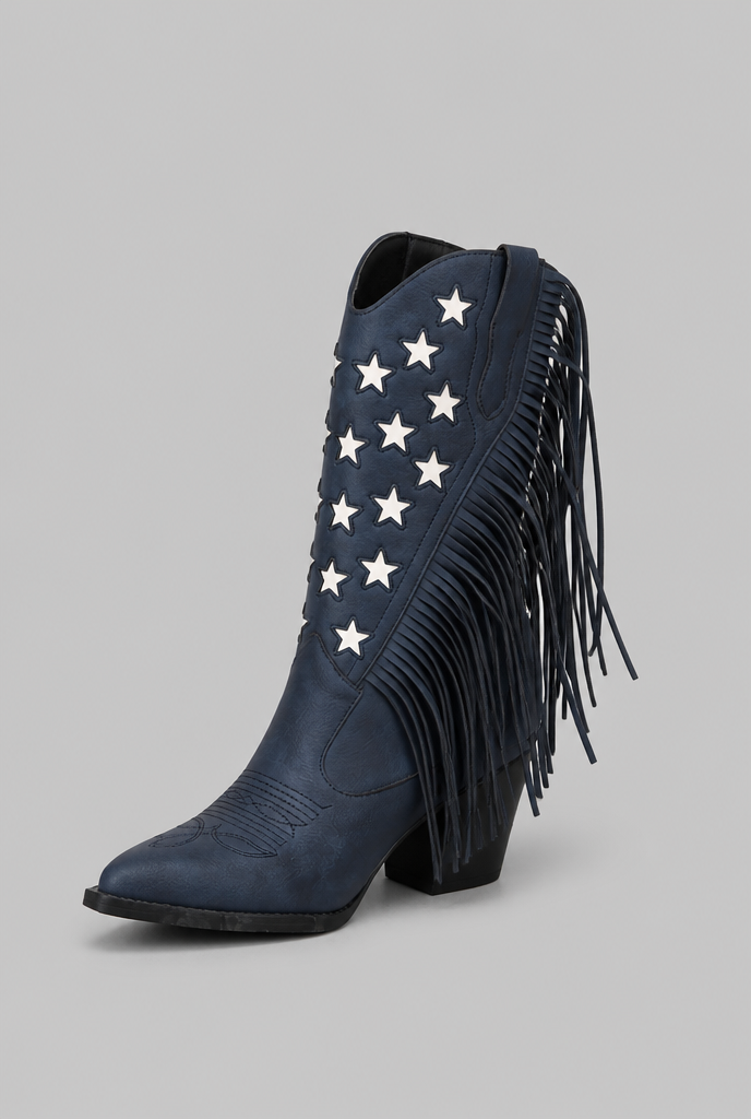 Women's Mid-Calf Fringe Cowboy Boots - Star Details