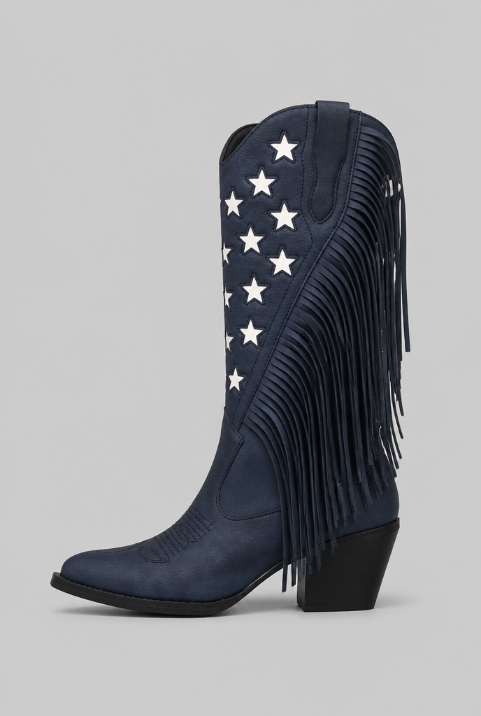 Women's Mid-Calf Fringe Cowboy Boots - Star Details