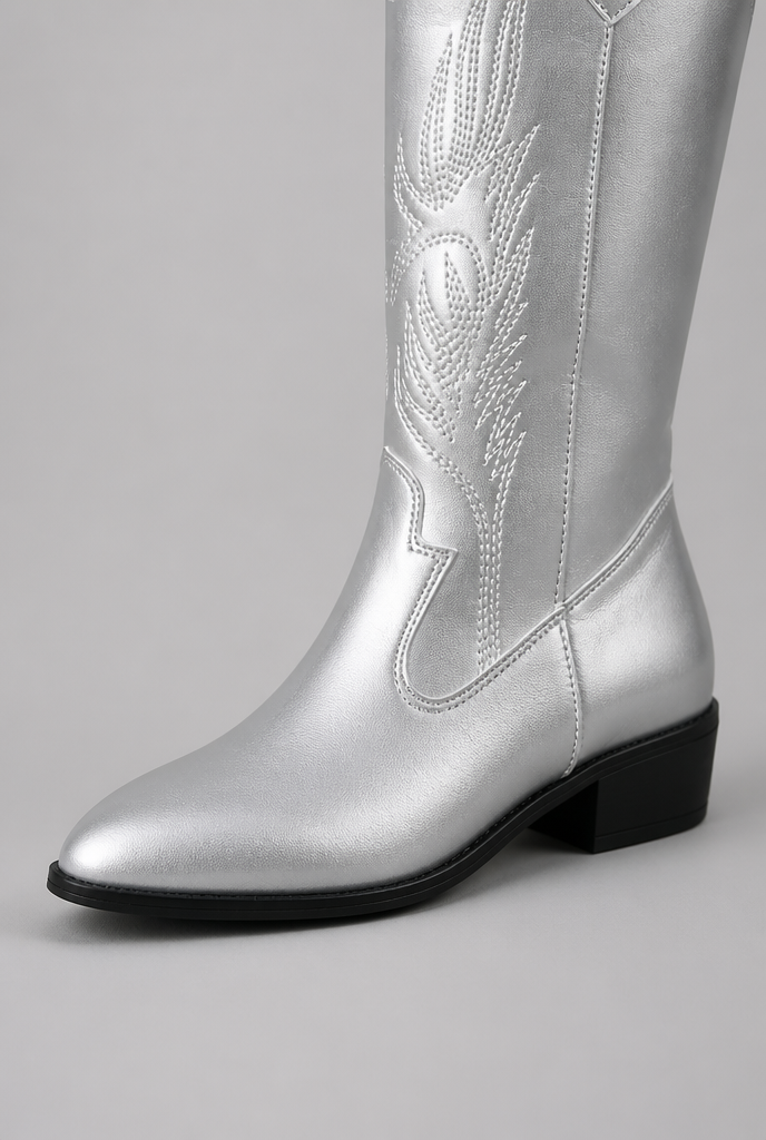 Women's Silver Metallic Wide Calf Cowboy Boots