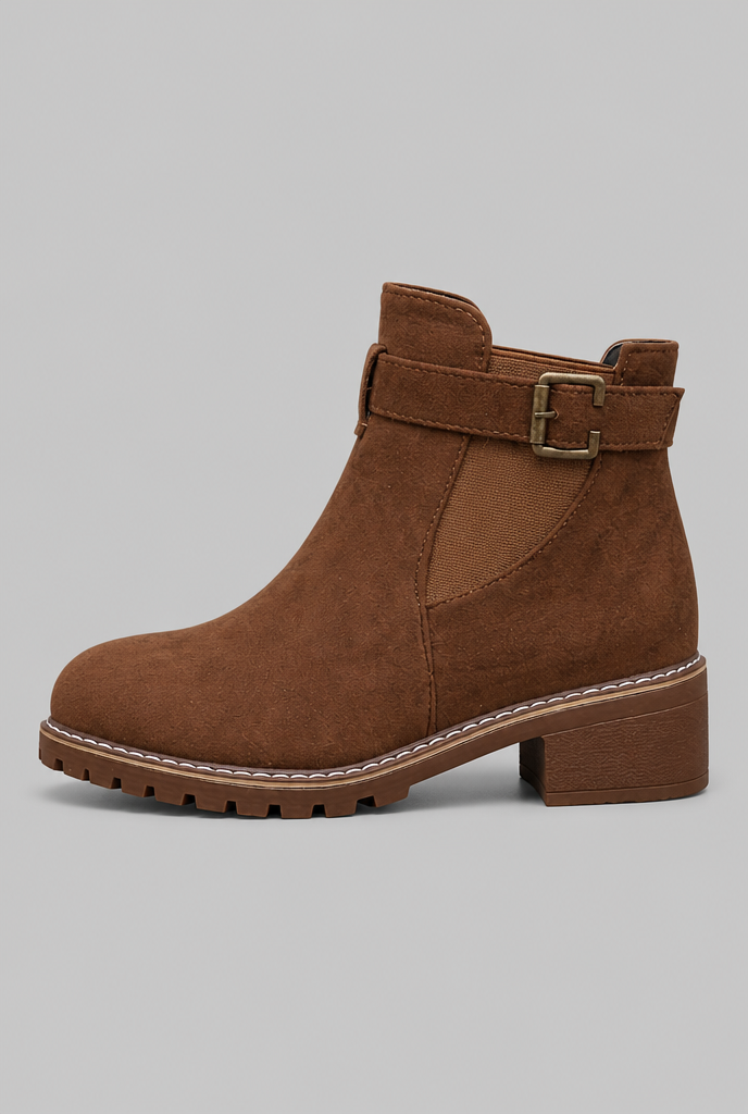 Women's Suede Ankle Boots - Buckle, Lug Sole