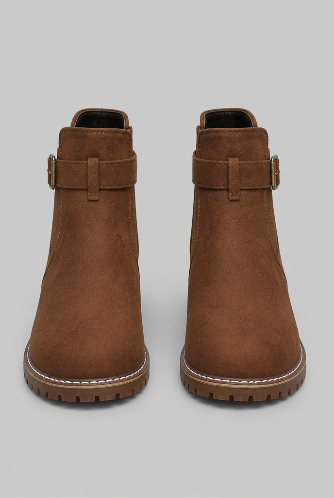 Women's Suede Ankle Boots - Buckle, Lug Sole