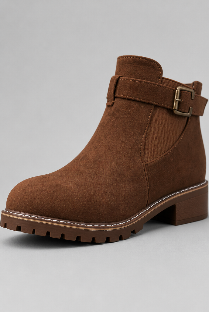 Women's Suede Ankle Boots - Buckle, Lug Sole