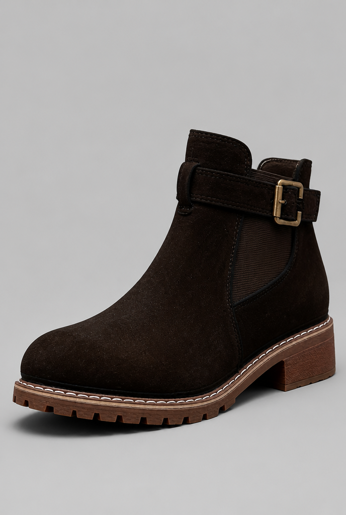 Women's Suede Ankle Boots - Buckle, Lug Sole