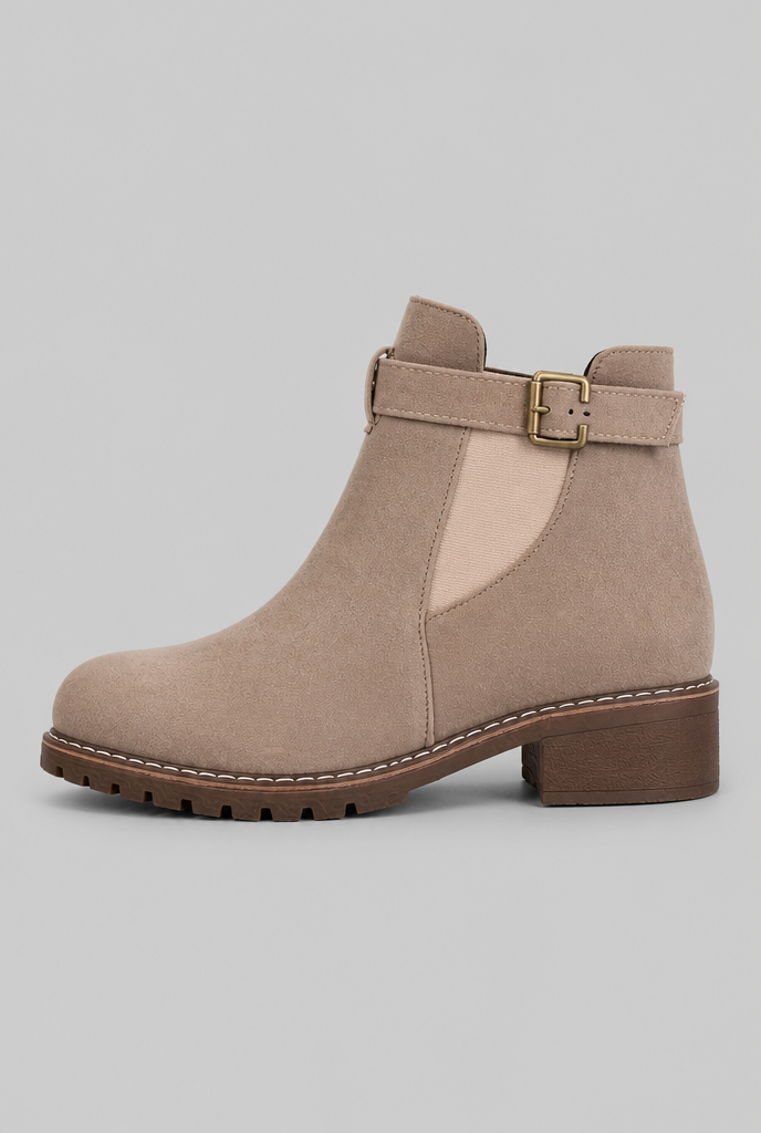 Women's Suede Ankle Boots - Buckle, Lug Sole