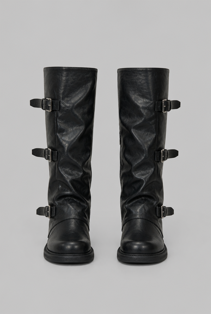 Women's Leather Mid-Calf Biker Boots - Triple Buckle