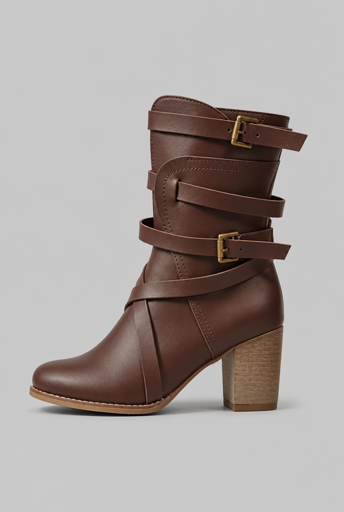 Botines Mujer Efecto Piel Tiras Cruzadas Hebillas Doradas