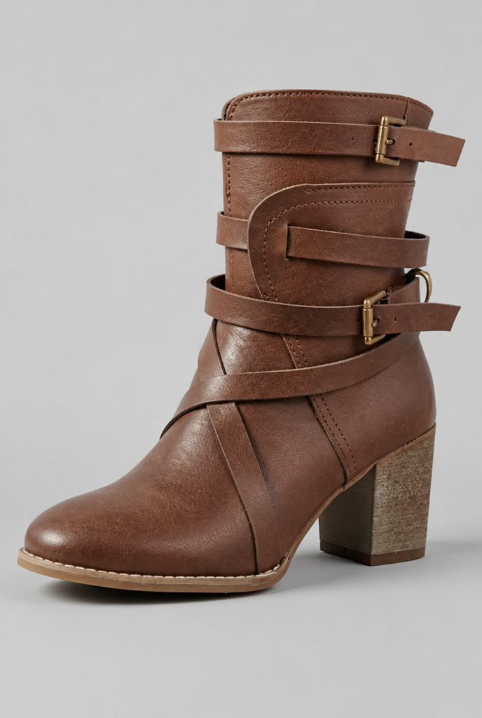 Botines Mujer Efecto Piel Tiras Cruzadas Hebillas Doradas