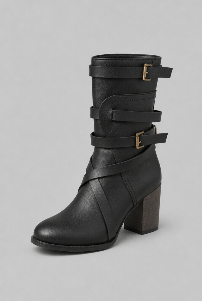 Botines Mujer Efecto Piel Tiras Cruzadas Hebillas Doradas