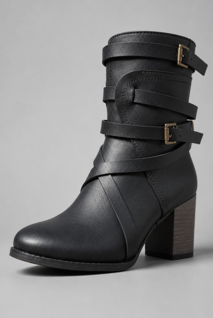 Botines Mujer Efecto Piel Tiras Cruzadas Hebillas Doradas