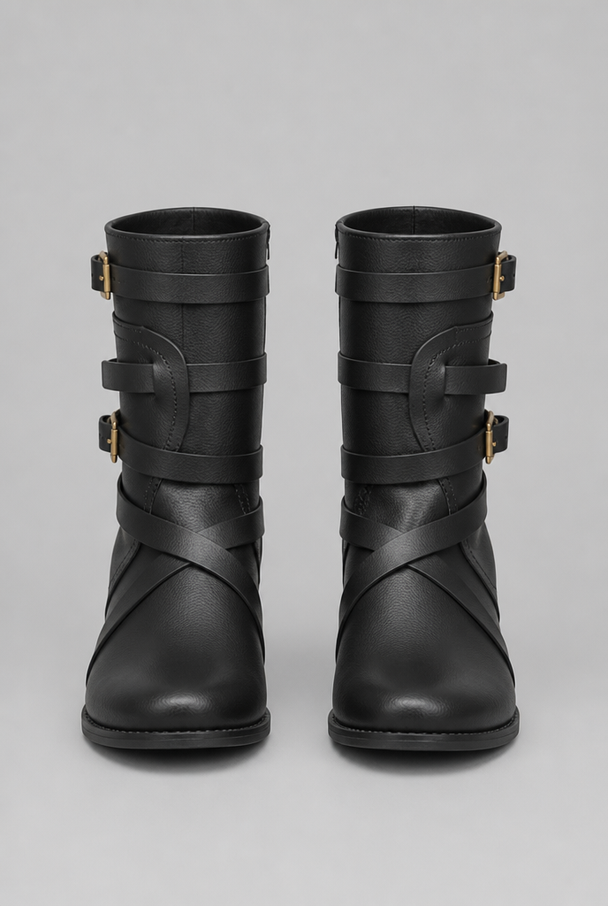 Botines Mujer Efecto Piel Tiras Cruzadas Hebillas Doradas