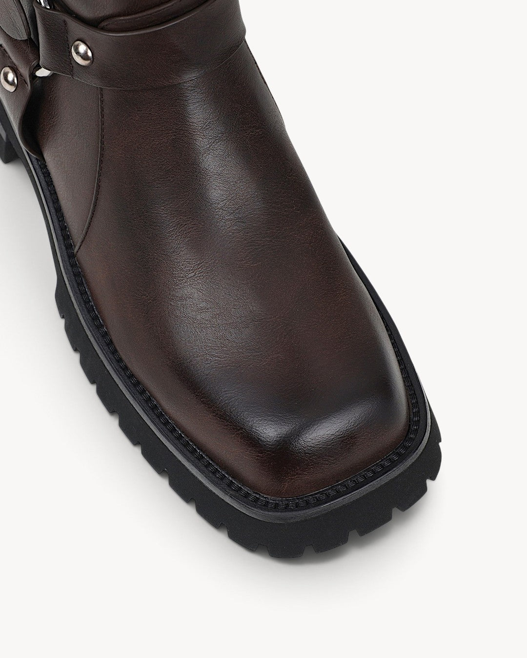 Women's Brown Knee-High Biker Boots - Buckle Straps, Low Block Heel