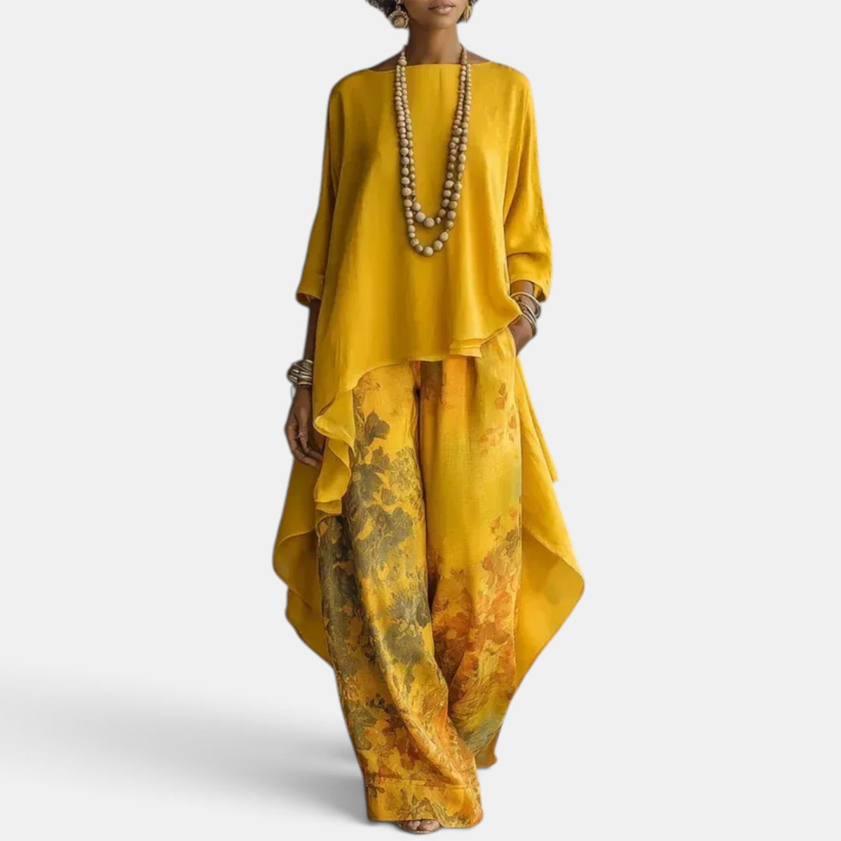 Women's Printed Two-Piece Set - Asymmetric Blouse and Wide Leg Pants