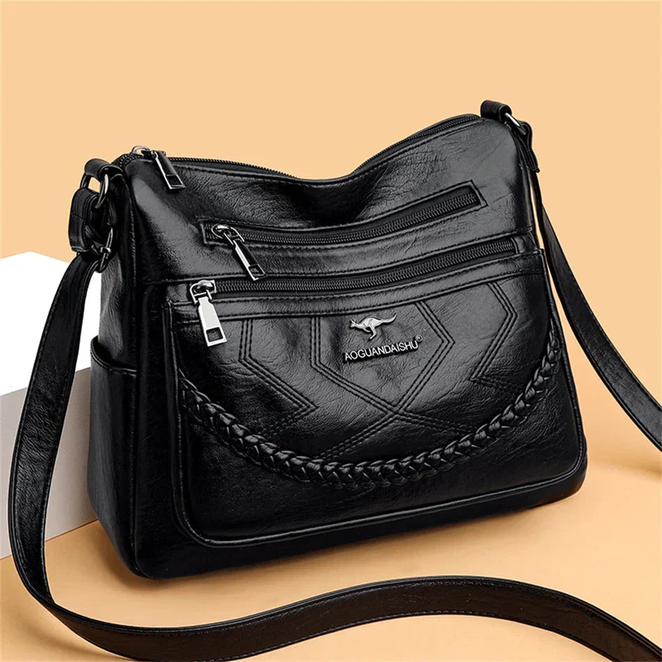 Women's Soft Leather Crossbody Bag - Zip Closure, Inner Compartments