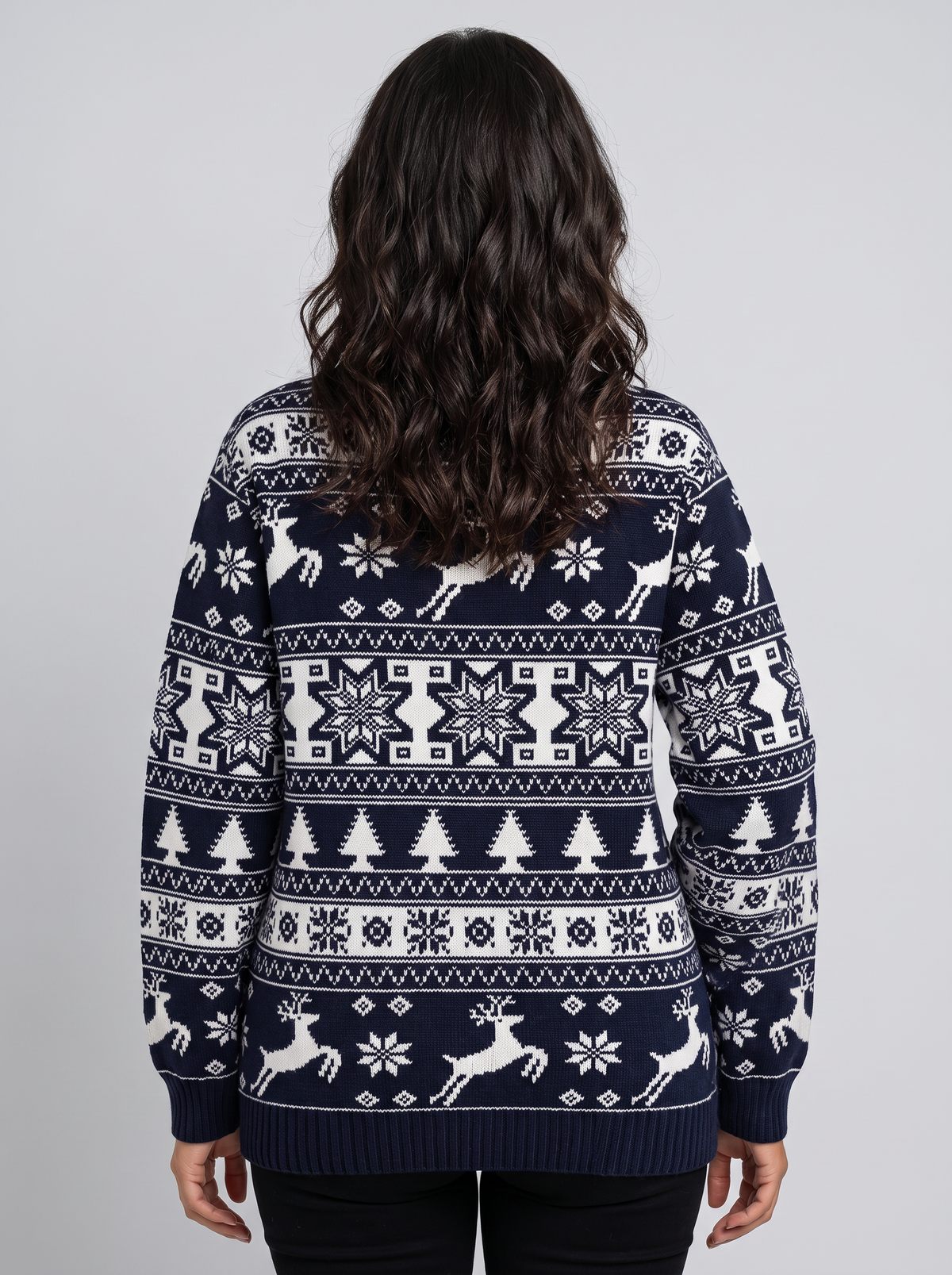 Women's Fair Isle Reindeer and Fir Tree Christmas Sweater Crew Neck