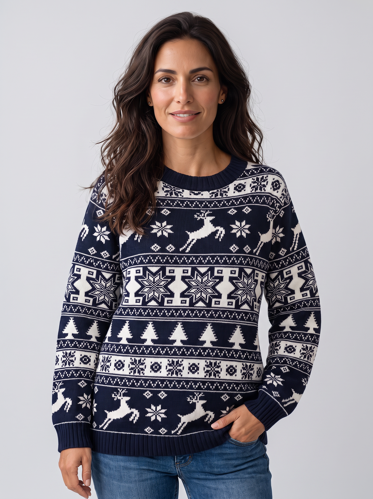 Women's Fair Isle Reindeer and Fir Tree Christmas Sweater Crew Neck