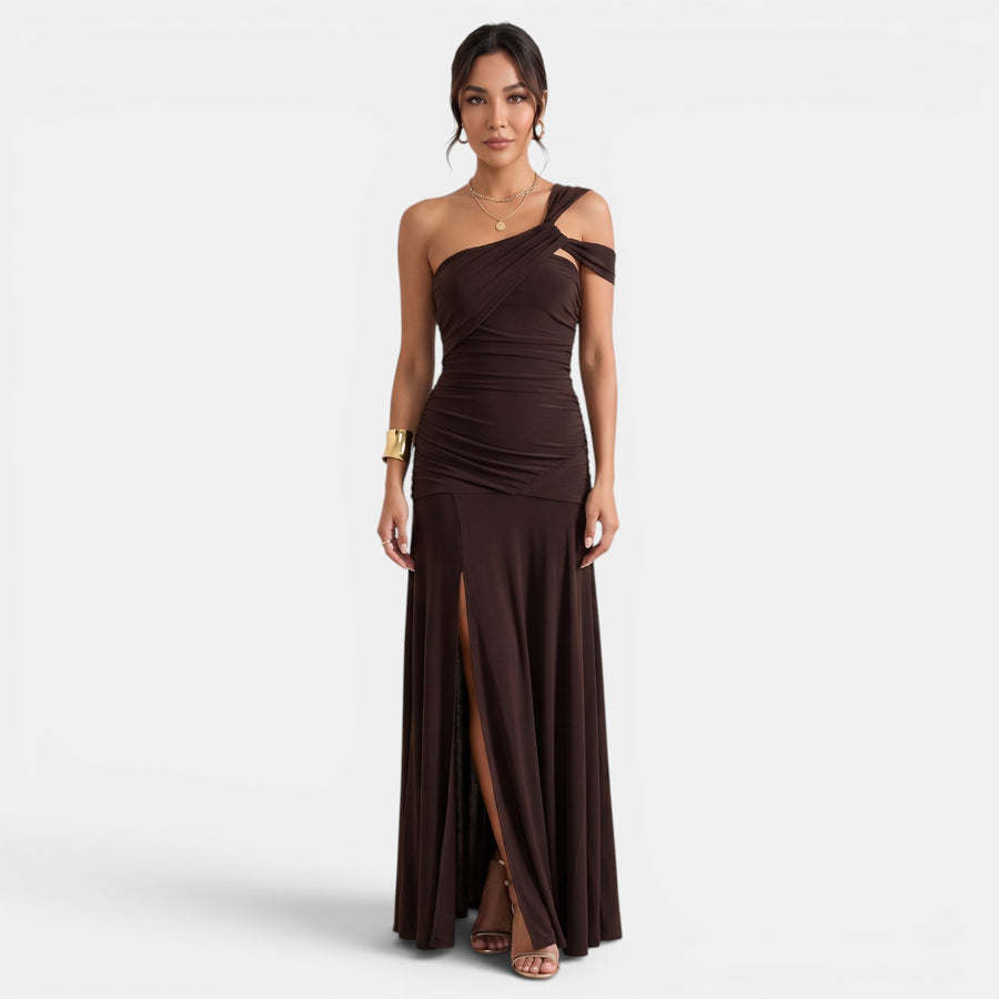 Women's Brown Bodycon Maxi Dress - Pleated, Thin Straps