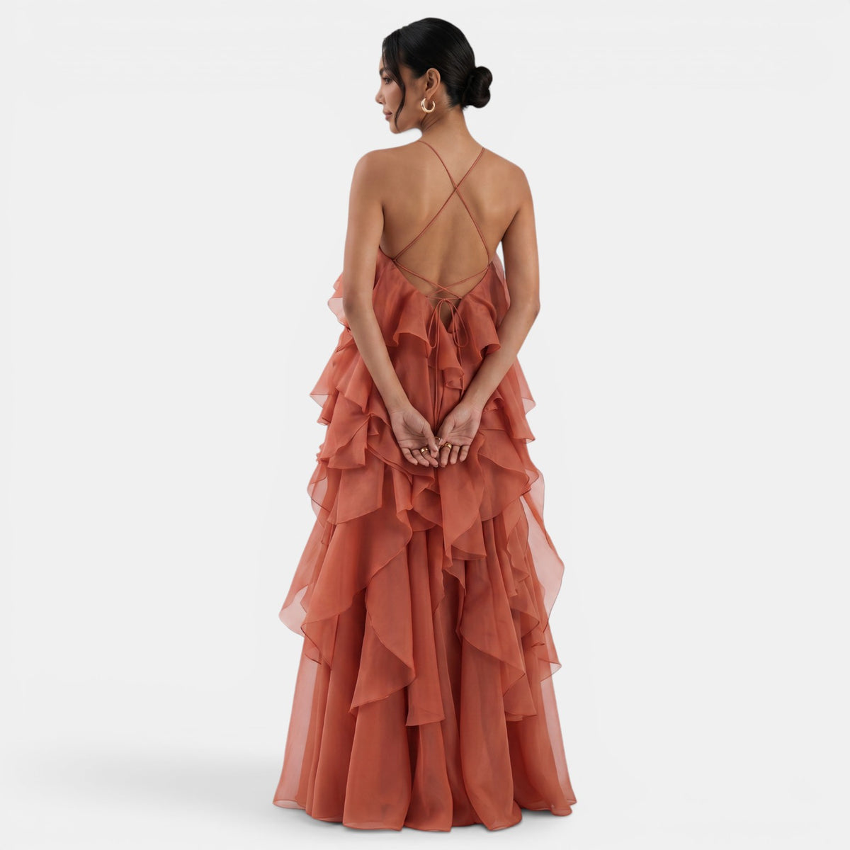 Women's Red Halter Maxi Dress - Open Back, Floral Detail, Ruffles