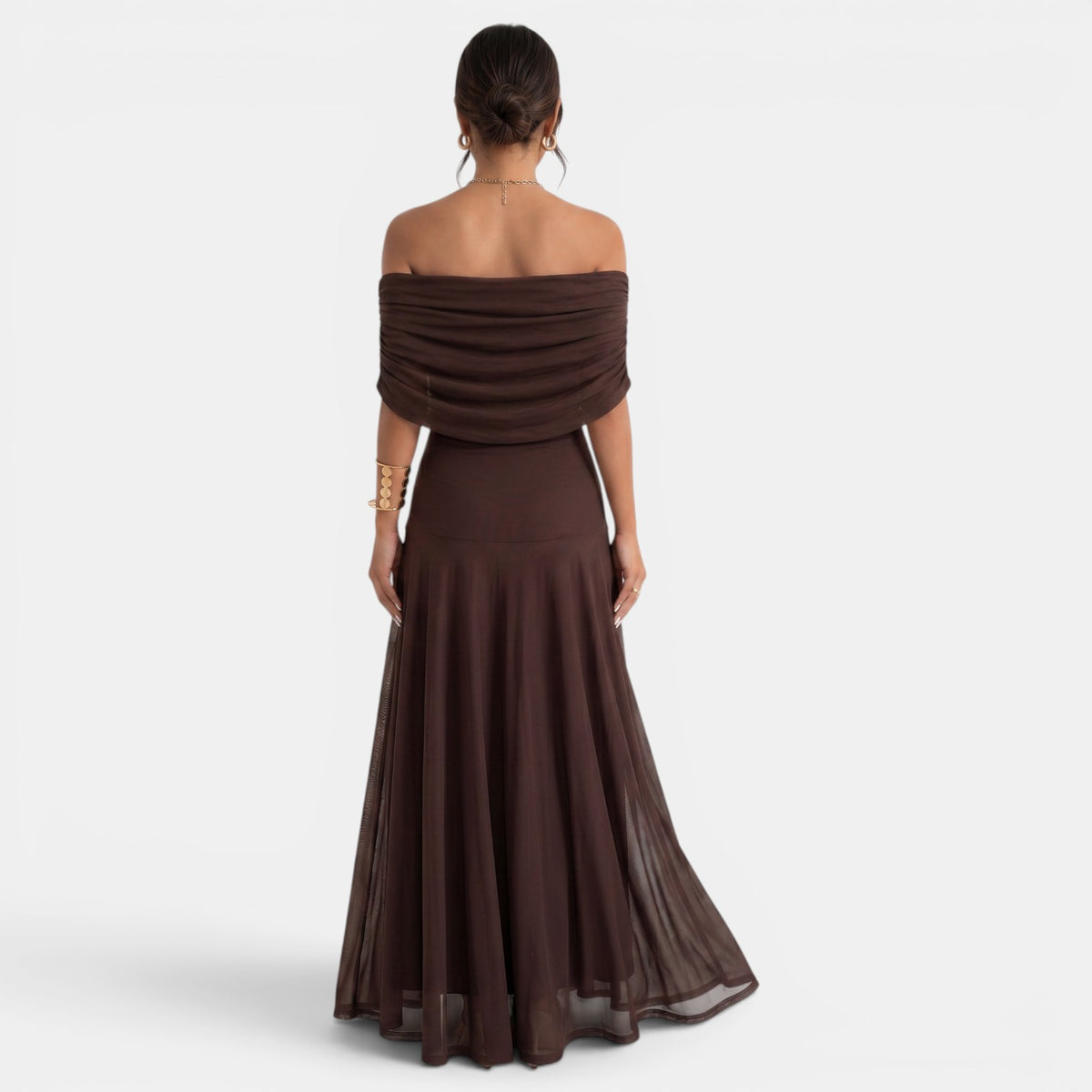 Women's Brown One-Shoulder Pleated Maxi Dress - Tulle Details