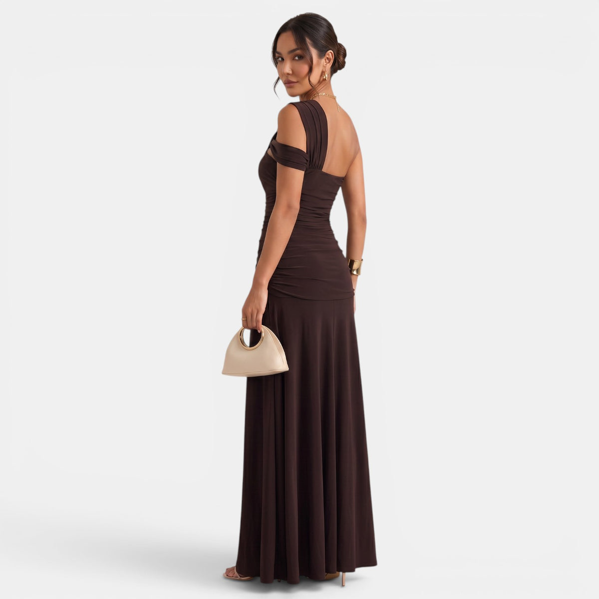 Women's Brown Bodycon Maxi Dress - Pleated, Thin Straps