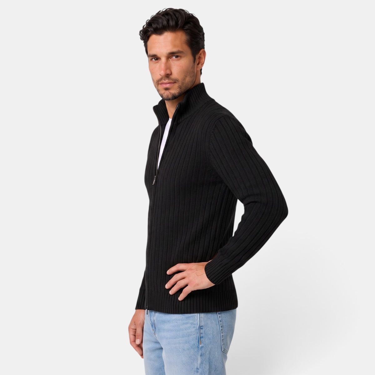 Men's Ribbed Knit Zip-Up Cardigan - High Neck Sweater Jacket
